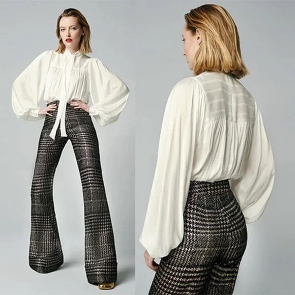 Smythe Tops - NWT Smythe Bishop Sleeve Tie Neck Long Sleeve Blouse in White Shadow Stripe